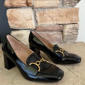 Bandolino Black Patent Leather Block heel Loafers with‎ Gold Buckle Sz 6.5